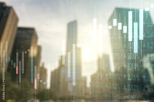 Multi exposure of abstract financial graph on office buildings background, forex and investment concept © Pixels Hunter