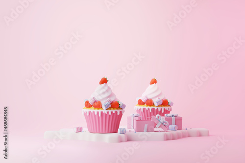 Minimal pink cupcake with red strawberry and marshmallow pastel put on with snow 3d illustration  for celebration  christmas and valentine day coming