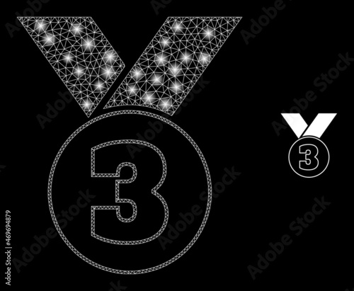 Glossy polygonal mesh net third medal icon with glitter effect on a black background. Wire frame third medal iconic vector with glowing spheres in stardust colors.
