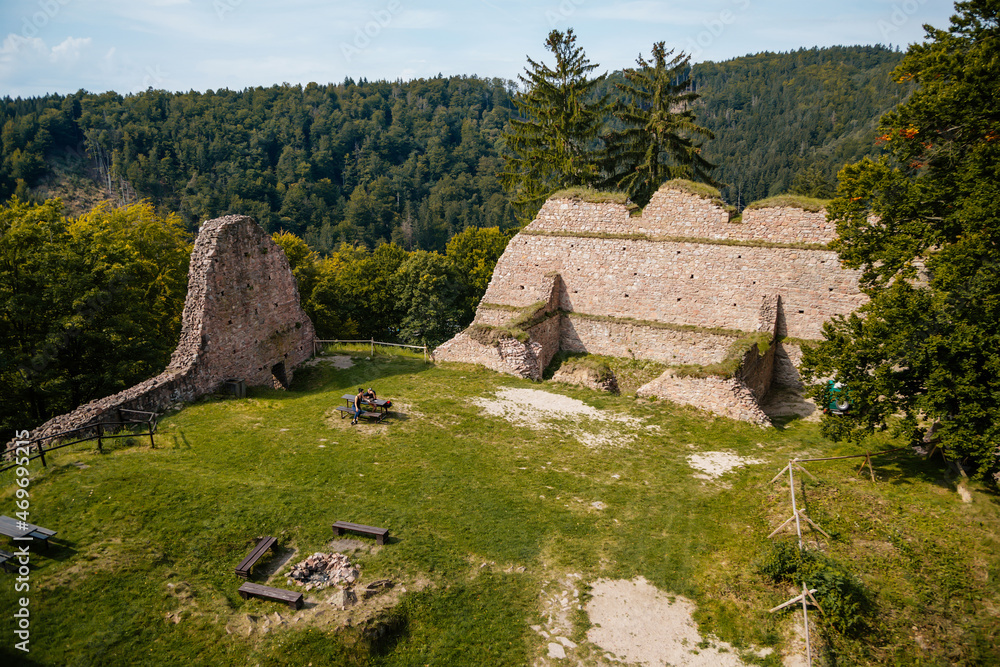 Litice nad Orlici, Eastern Bohemia, Czech Republic, 11 September 2021: Ruins of medieval castle on hill, old stronghold with stone tower, ancient gothic fortress, sunny day, landmark in countryside Litice nad Orlici, Eastern Bohemia, Czech Republic, 11 September 2021: Ruins of medieval castle on hill, old stronghold with stone tower, ancient gothic fortress, sunny day, landmark in countryside