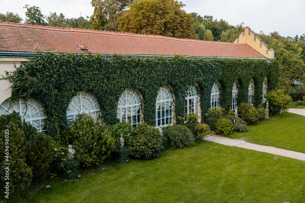 Castolovice, Eastern Bohemia, Czech Republic, 11 September 2021: renaissance castle with winter gardens or greenhouse, buildings braided with evergreen ivy, chateau at sunny day