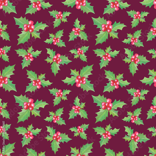 Festive christmas seamless pattern with print of holly branches with berries.