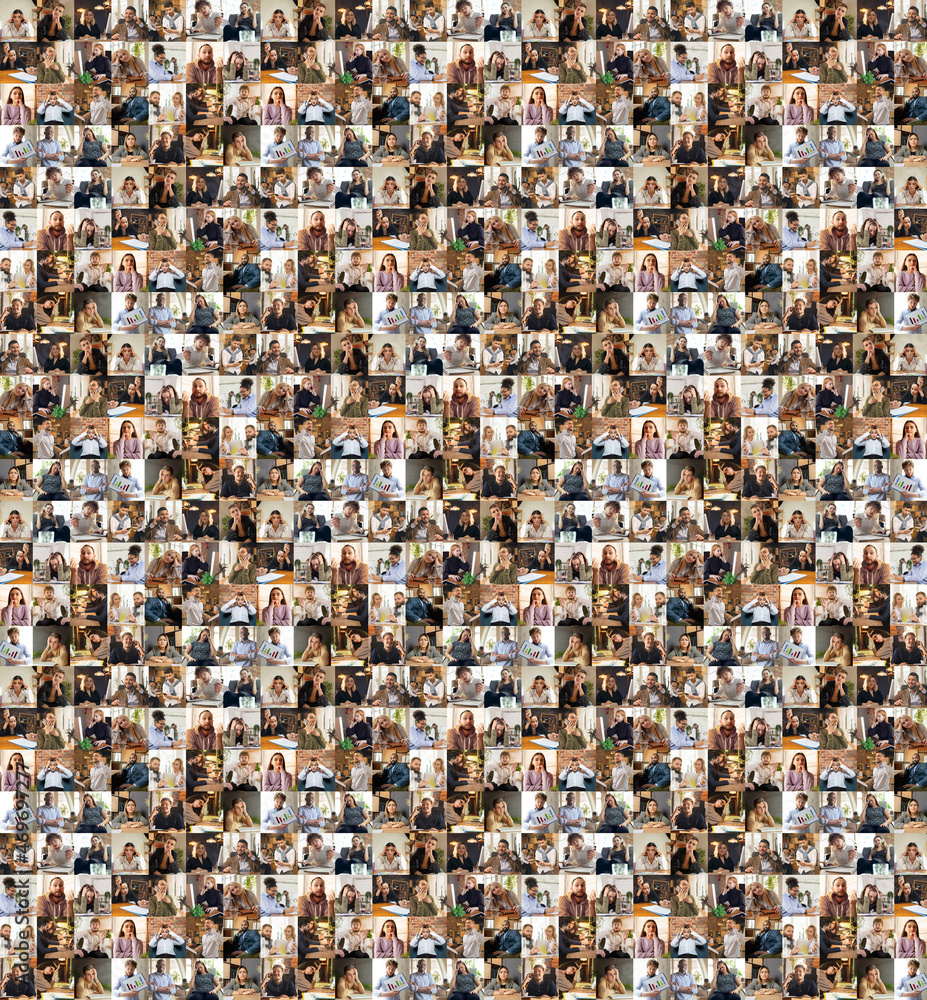 Fototapeta premium Collage made of portraits of multiethnic people, businessmen at office area, indoors. Business, education, teamwork, work, finance, tech concept.