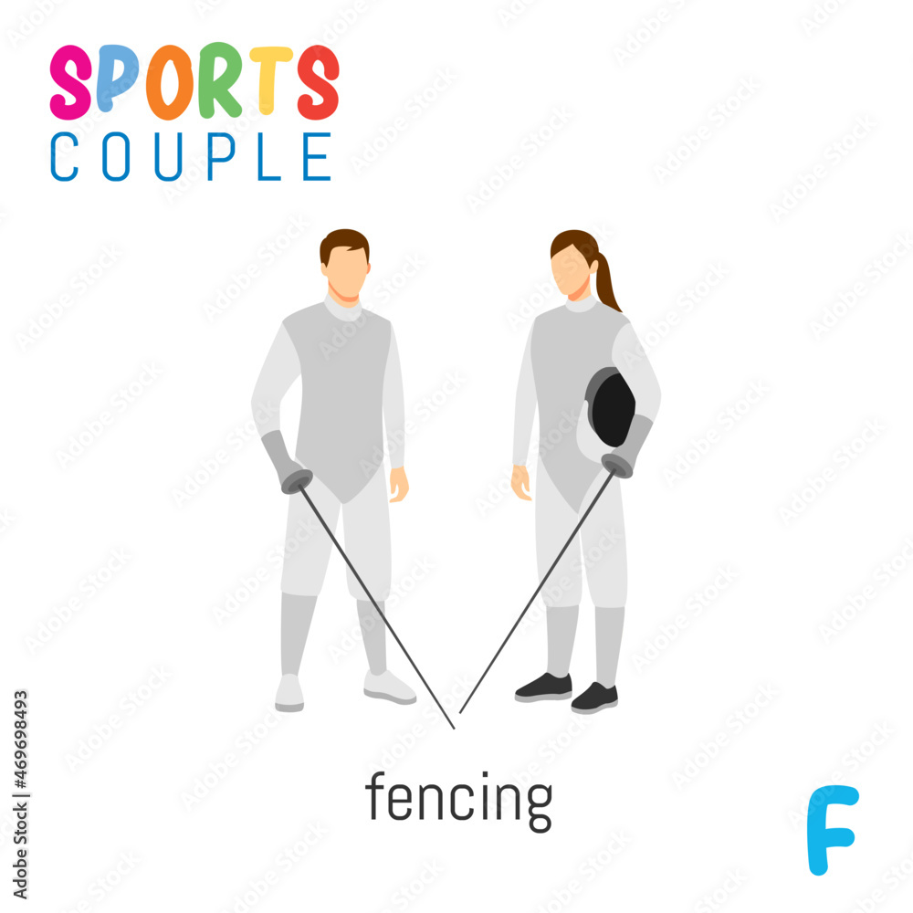 Sports Couple  alphabet in vector with F letter. illustration cartoon sports. Alphabet design in a colorful style.