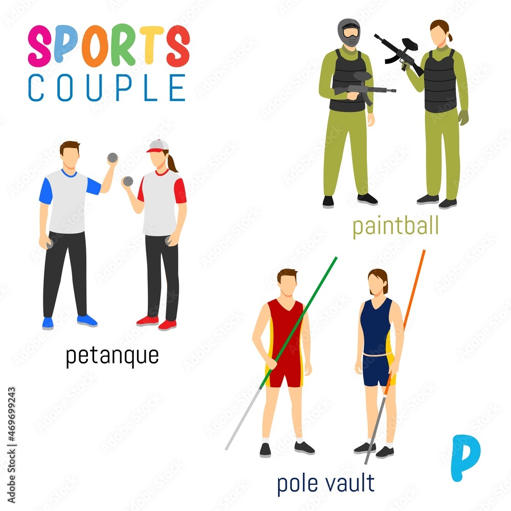 Sports Couple alphabet in vector with P letter. illustration cartoon sports. Alphabet design in a colorful style. Sports Couple alphabet in vector with P letter. illustration cartoon sports. Alphabet design in a colorful style.