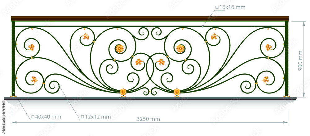 Forged balcony. Railing vector image with dimension. Wrought iron fence, stairs. Artistic forging grating. Decorative ornament. Contour illustration with abstract swirls and flowers Forged balcony. Railing vector image with dimension. Wrought iron fence, stairs. Artistic forging grating. Decorative ornament. Contour illustration with abstract swirls and flowers