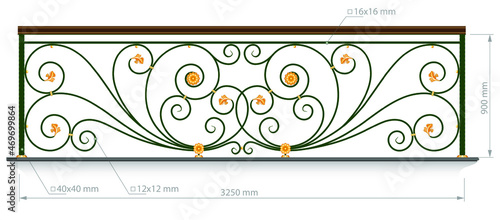 Forged balcony. Railing vector image with dimension. Wrought iron fence, stairs. Artistic forging grating. Decorative ornament. Contour illustration with abstract swirls and flowers