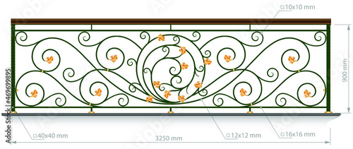 Forged balcony. Railing vector image with dimension. Wrought iron fence, stairs. Artistic forging grating. Decorative ornament. Contour illustration with abstract swirls and flowers
