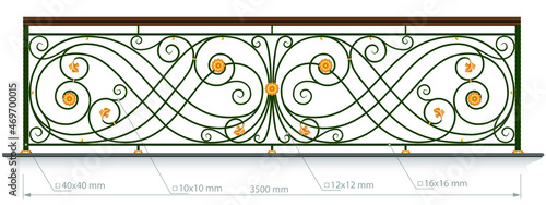 Forged balcony. Railing vector image with dimension. Wrought iron fence, stairs. Artistic forging grating. Decorative ornament. Contour illustration with abstract swirls and flowers