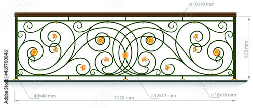 Forged balcony. Railing vector image with dimension. Wrought iron fence, stairs. Artistic forging grating. Decorative ornament. Contour illustration with abstract swirls and flowers