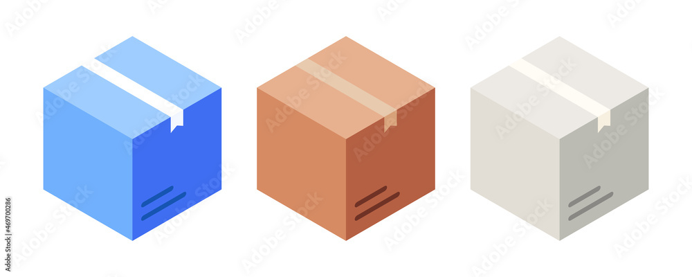 Three boxes of different colors. Box for transportation, packaging and delivery. Vector illustration.