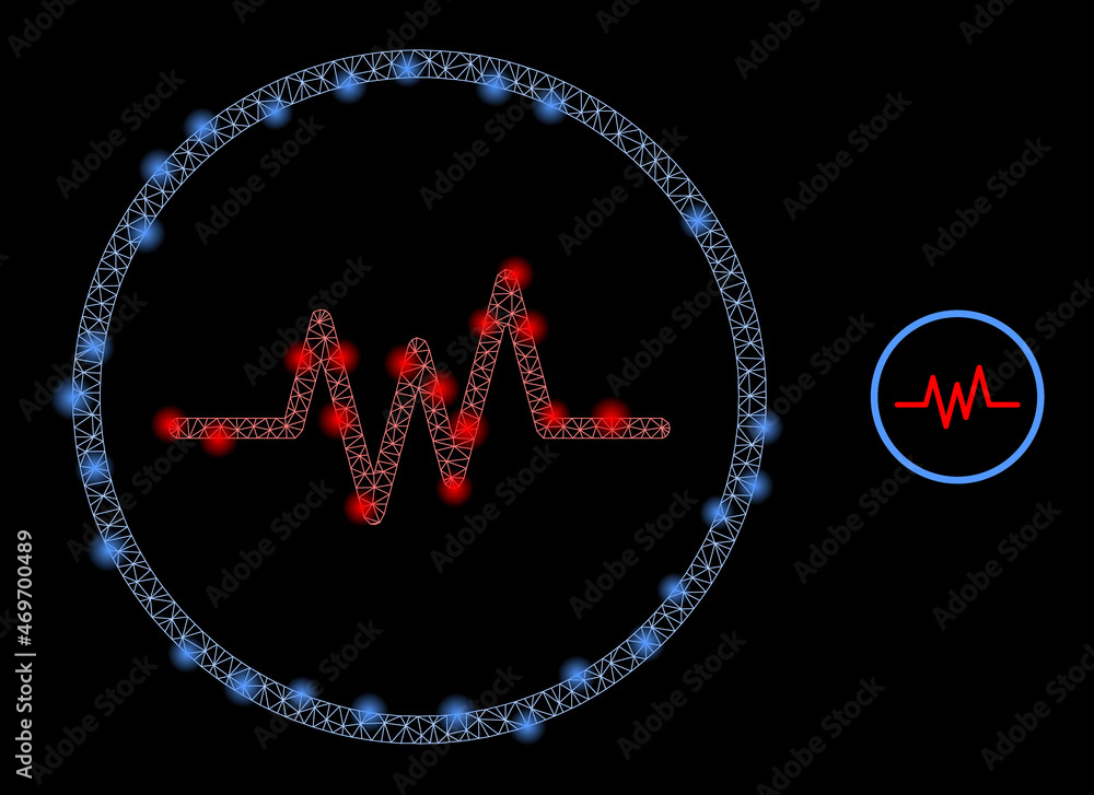 Glossy polygonal mesh net pulse signal icon with glow effect on a black background. Network pulse signal iconic vector with glamour dots in vibrant colors.