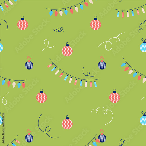 Christmas seamless pattern with christmas garland, balls. New year background. Vector illustration