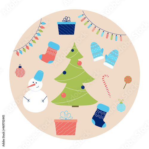 Christmas tree, garland, socks, snowman, balls, mittens, candy. Vector illustration
