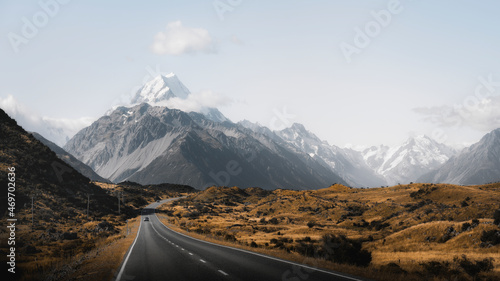 Beautiful view of a road leading to Mount Cook, New Zealand photo