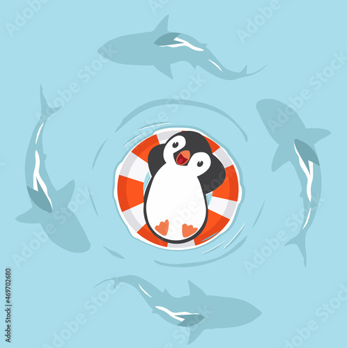 penguin swimming with sharks in the sea