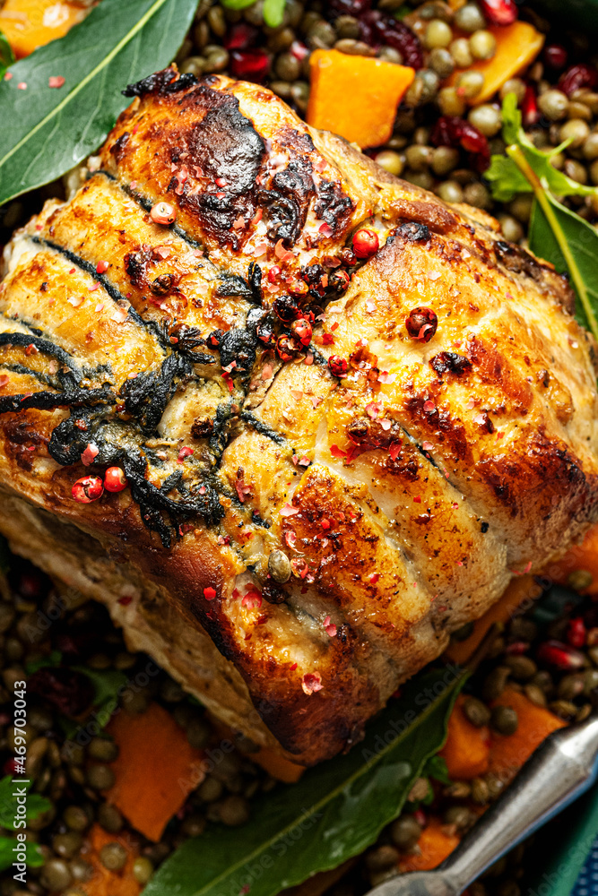 Festive holiday dinner with roasted ham food photography