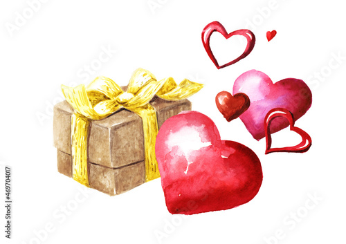 Hearts and gift box. The concept of love  Valentines Day. Hand drawn watercolor illustration isolated on white background