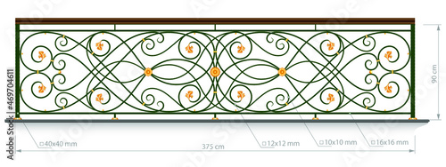 Forged balcony. Railing vector image with dimension. Wrought iron fence, stairs. Artistic forging grating. Decorative ornament. Contour illustration with abstract swirls and flowers