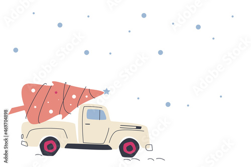 A beige pickup truck is carrying a Christmas tree for the new year. Snowfall. Vector cute illustration for decor, postcard, printing, background