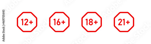 Mark age limit. Set icons 12, 16, 18 and 21 plus. Set of age restriction signs. Vector illustration