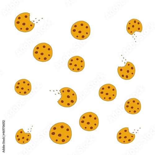 pattern of oatmeal cookies with raisins, bitten off and whole