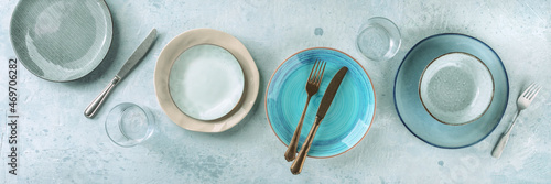 Billede på lærred Modern tableware panorama, shot from the top