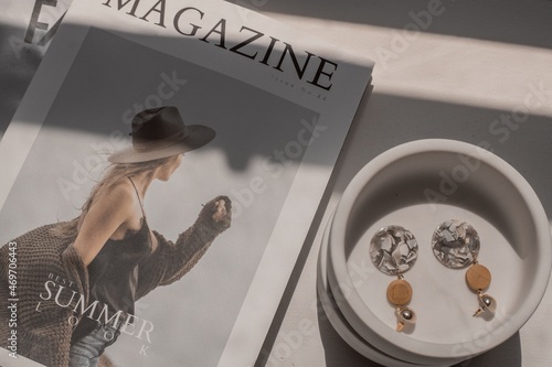 Fashion magazine and earrings, aesthetic photo photo