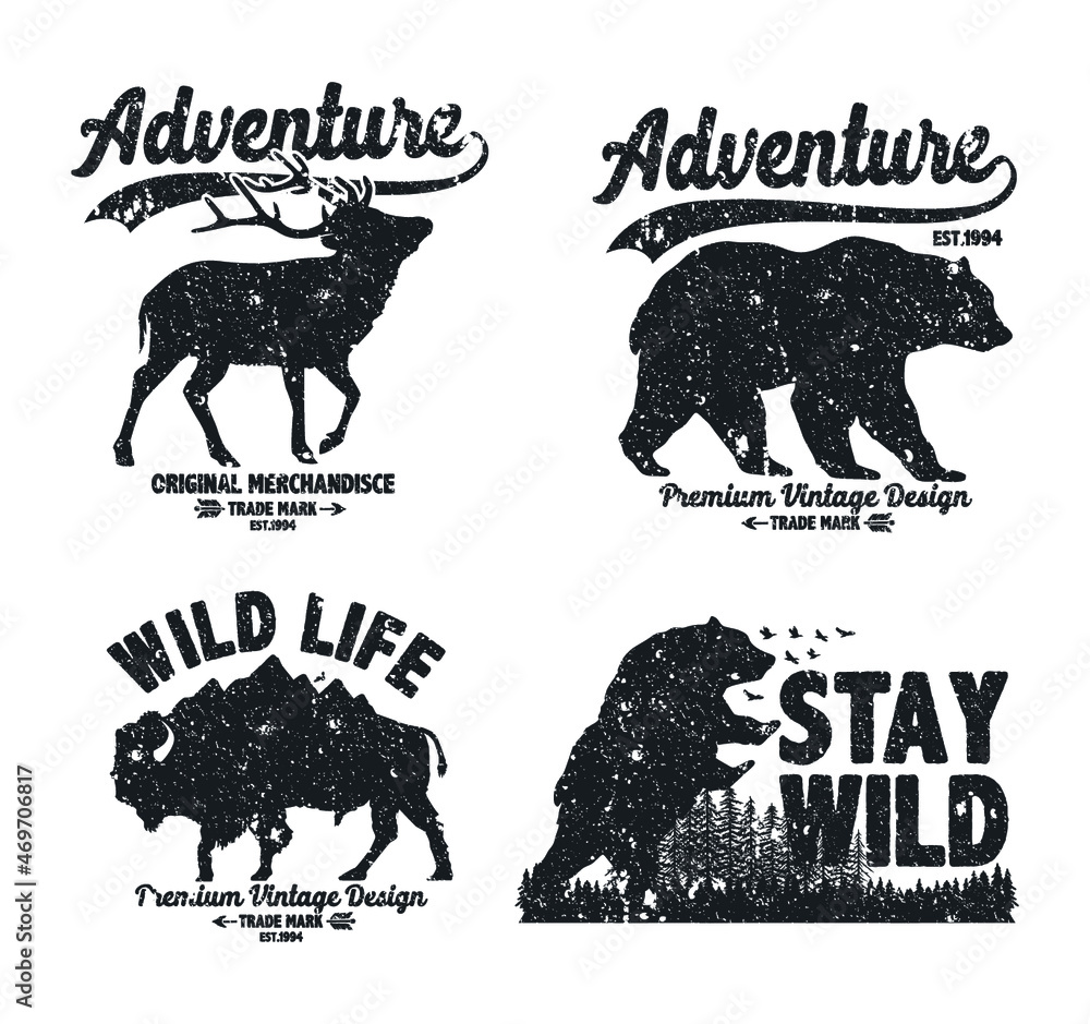 Naklejka premium LOGO VINTAGE RETRO SILHOUETTE ANIMALS SET OUTDOOR ADVENTURE JUNGLE FOREST