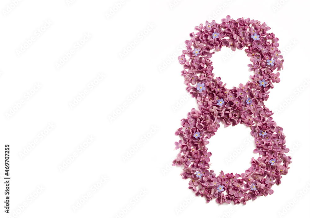 8 march greeting card. Number eight shape lilac flowers isolated on white background. Womens day card. Template for greeting card, web design 8 march greeting card. Number eight shape lilac flowers isolated on white background. Womens day card. Template for greeting card, web design
