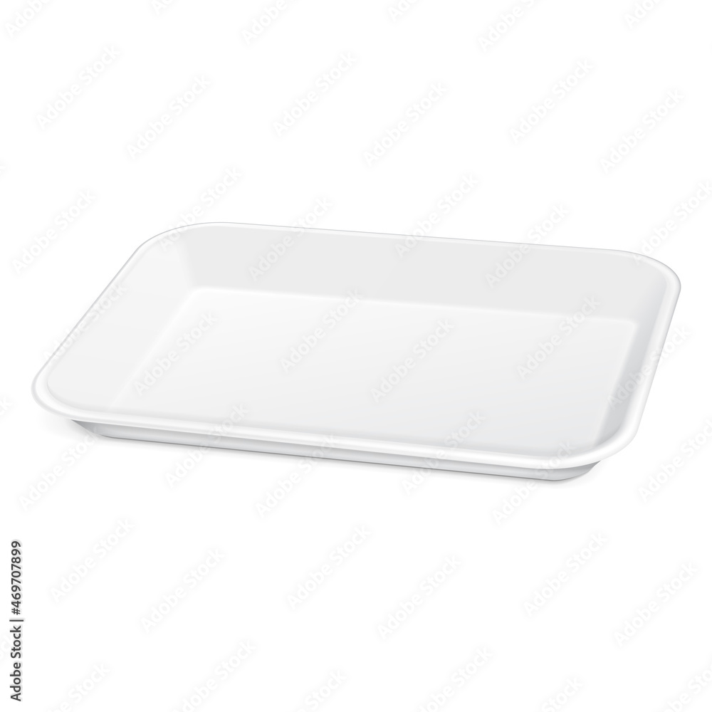 Empty Blank Styrofoam Plastic Food Tray Container, Plate, Dish. 3D. Illustration Isolated On White Background. Mock Up Template Ready For Your Design. Vector EPS10 Empty Blank Styrofoam Plastic Food Tray Container, Plate, Dish. 3D. Illustration Isolated On White Background. Mock Up Template Ready For Your Design. Vector EPS10