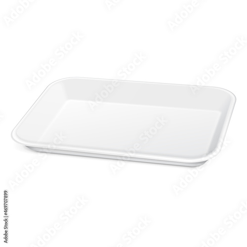 Empty Blank Styrofoam Plastic Food Tray Container, Plate, Dish. 3D. Illustration Isolated On White Background. Mock Up Template Ready For Your Design. Vector EPS10
