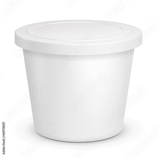 Food Plastic Tub Bucket Container For Dessert, Yogurt, Ice Cream, Sour Cream. Illustration Isolated On White Background. Mock Up Template Ready For Your Design. Product Packing Vector EPS10