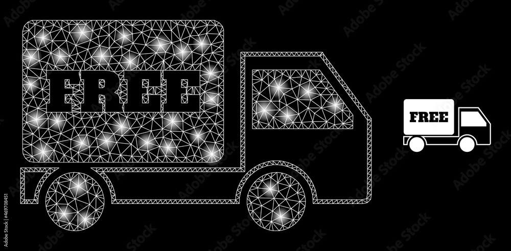 Glossy polygonal mesh net free delivery icon with glow effect on a black background. Constellation free delivery iconic vector with illuminated spheres in majestic colors.