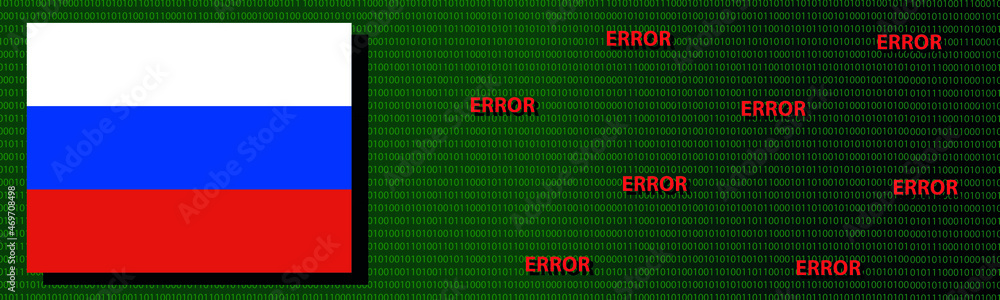 panorama Russian hackers. Russia flag with binary code and errors in it. Vector illustration.