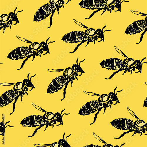 Vector bright pattern with honey bee. Engraving style.Yellow background, black and white freehand graphics.Insect in profile, side view