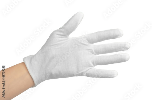 Hand in a white glove, isolate. Cloth gloves on the hand