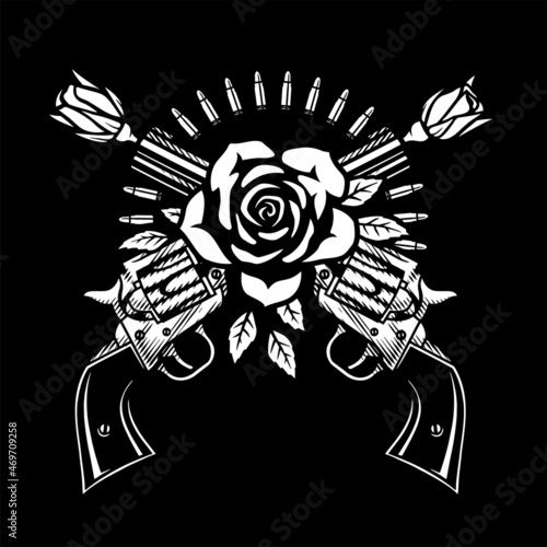 Two crossed pistols and roses on a dark background. Vector illustration.