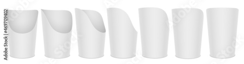 Blank empty paper universal scoop bucket for nuggets, crisps or other snacks. Set of various mockup views. Vector isolated realistic template illustration.