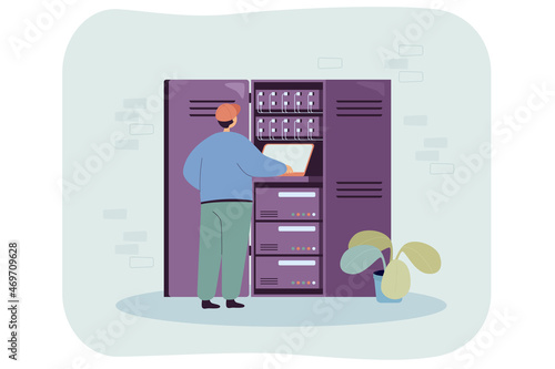 Sysadmin engineer working at switchboard with server rack. Professional electrician man fixing power cable flat vector illustration. Telecommunication network and internet equipment concept