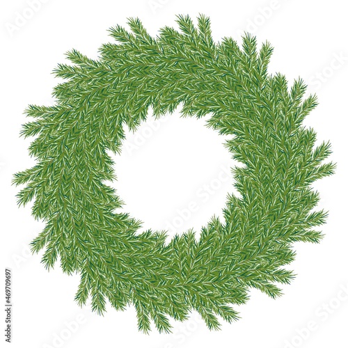 Beautiful banner with green wreath of spruce branches. Isolated vector illustration. Summer festive background. Vector pattern. Natural art decoration. Frame template.