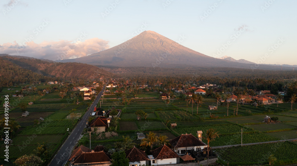 Sunset Aerial view of the volcano Mount Agung in Bali Indonesia.