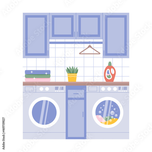 Modern laundry room with washing machine, tumble dryer and clothes hanger. Washing clothes concept vector illustration.