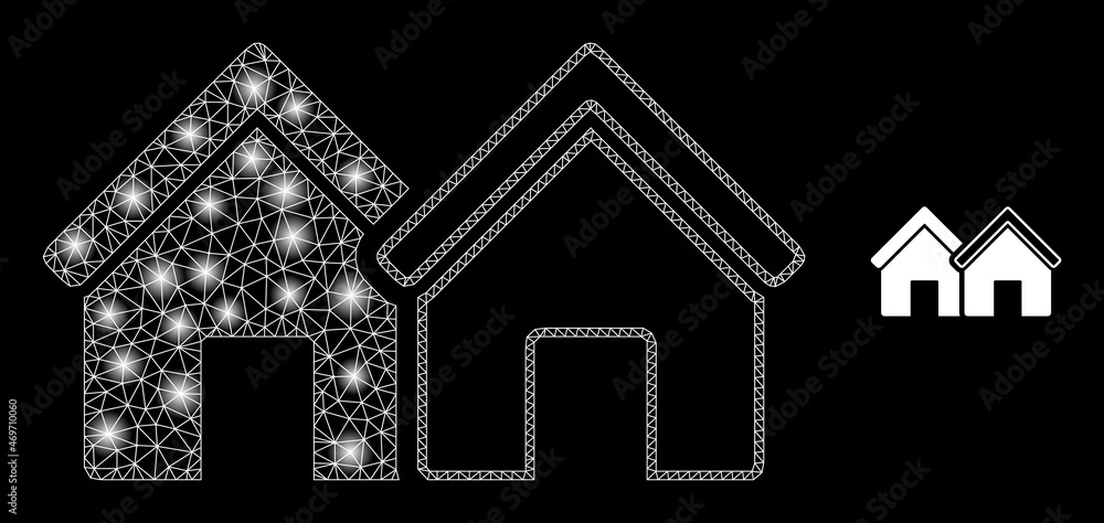 Glossy polygonal mesh net houses icon with glare effect on a black background. Wire frame houses iconic vector with illuminated dots in bright colors.