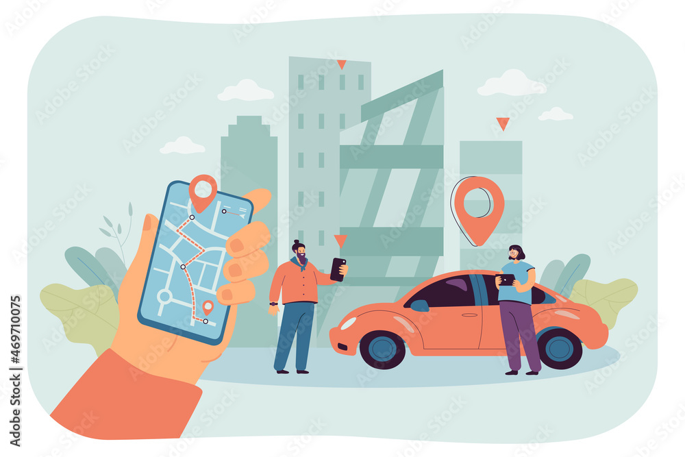 Fototapeta premium Male and female characters standing on road near car with phones and finding location using GPS app. City navigation in smartphone and tablet flat vector illustration. Delivery, GPS system concept