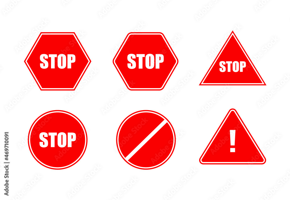 Vector Set of Red Stop Signs, Different Shapes, Geometric Icons, Danger Sign, Isolated on White Background. Vector Set of Red Stop Signs, Different Shapes, Geometric Icons, Danger Sign, Isolated on White Background.