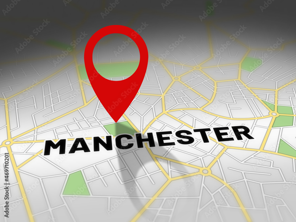 Manchester on map with red GPS navigation pin. United Kingdom location