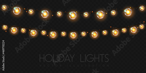 Vector garlang of gold or yellow lamps on transparent background. Holiday string of lights vector illustration