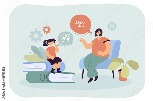 Narrative speech therapist and her little client articulating. Cartoon speech-language pathologist having therapy session with female child flat vector illustration. Basic language skills concept