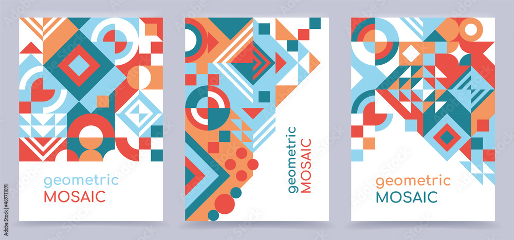 Set of geometric mosaic backgrounds with composition of simple shapes. Creative trendy concept. Vector illustration, abstraction, minimalism, flat. Poster, flyer, banner, invitation, cover for book, c